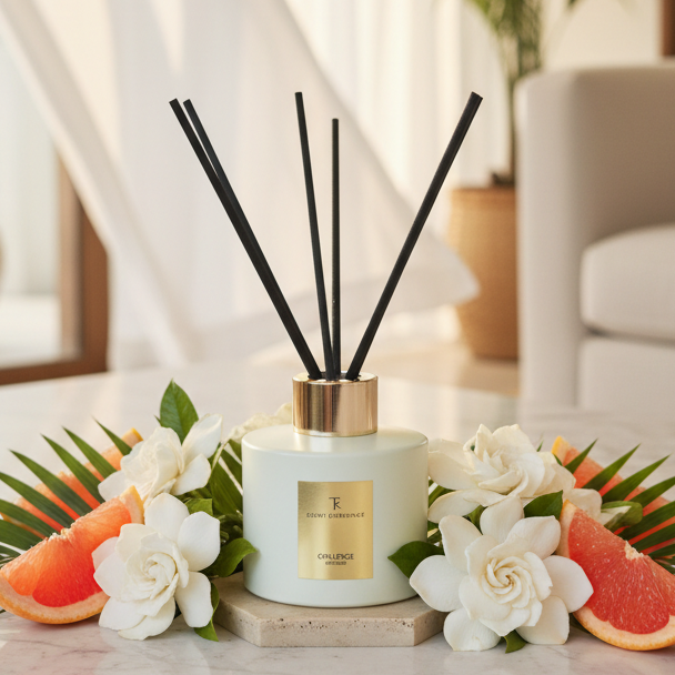 Opulence reed diffuser styled in a luxurious interior, a lush citrus-floral fragrance inspired by five-star resort living