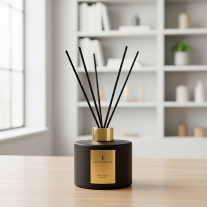 Uplifted grapefruit, lemon and honeysuckle reed diffuser styled in a sophisticated home office